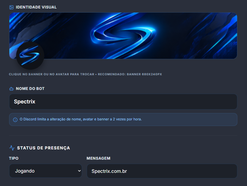 Painel de identidade visual do bot: nome, avatar, banner e status