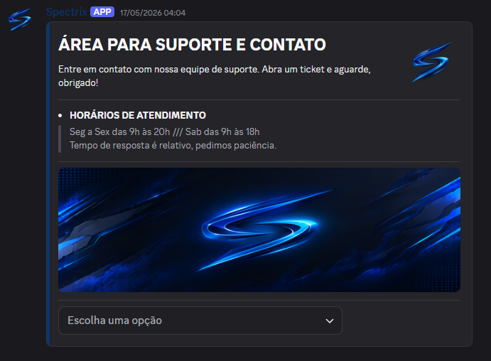 Painel de ticket de suporte enviado pelo bot no Discord