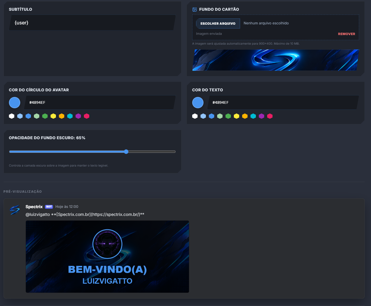 Editor de boas-vindas do Spectrix: fundo do cartão, cores e pré-visualização